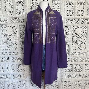 Boo Gemes Purple Sequin Beaded 100%‎ Wool Longline Cardigan Sz Small